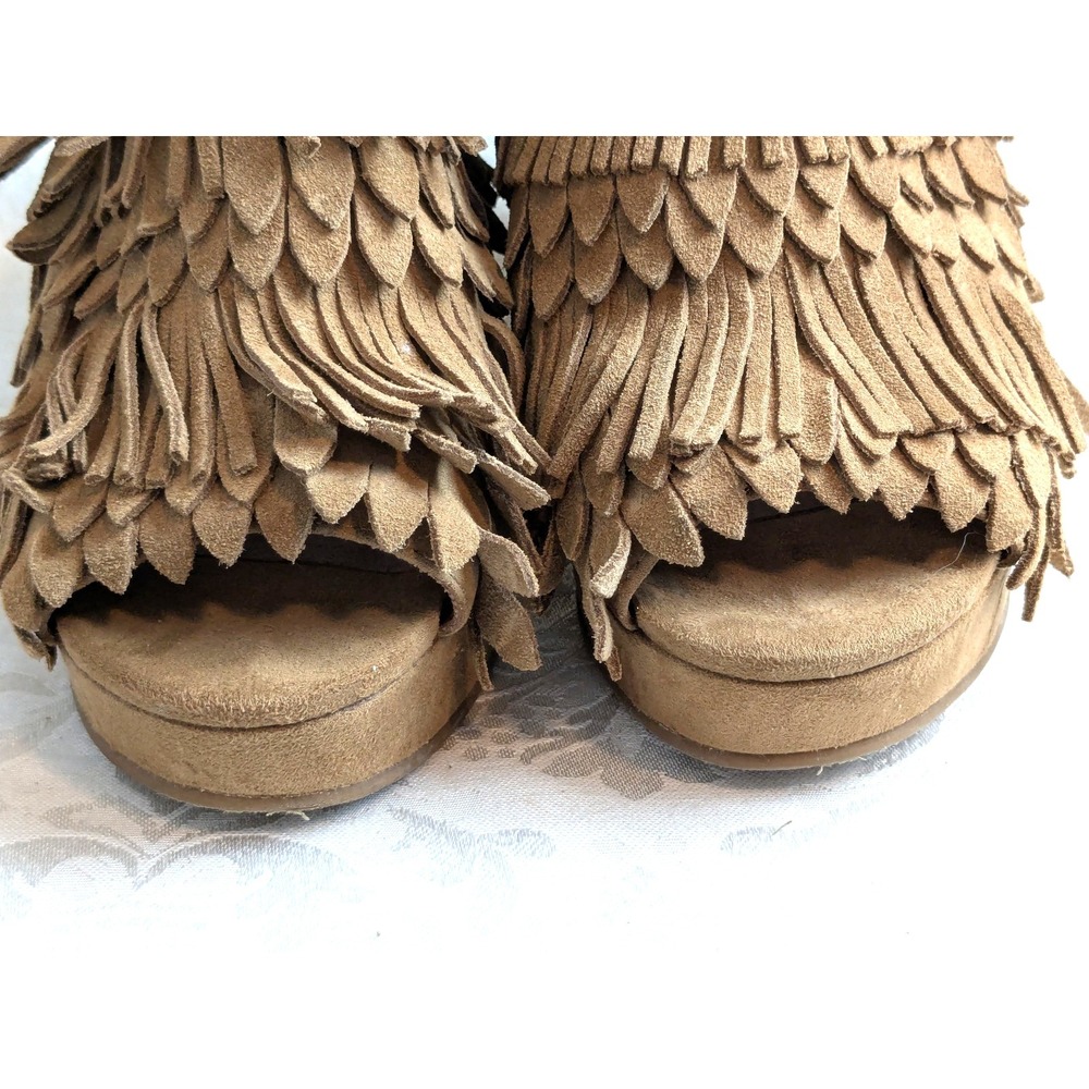 Lucky Brand Tan Suede Wedge Fringe Slingback Boho Festival Platform Shoes 7M - Picture 5 of 9